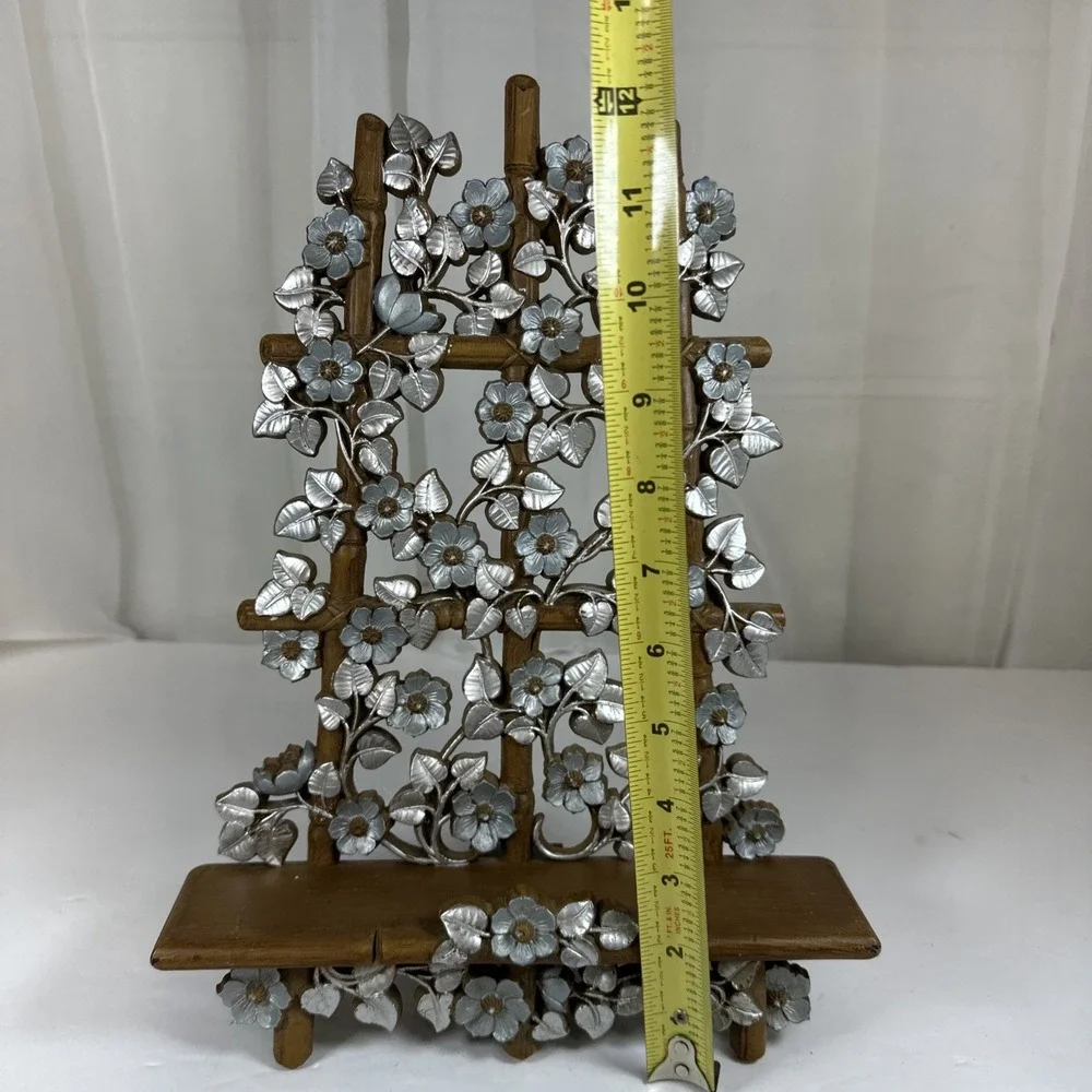 HOMCO Wall Shelf Hanging Faux Bamboo Wood Floral Trellis Boho 6067B 1984 Silver